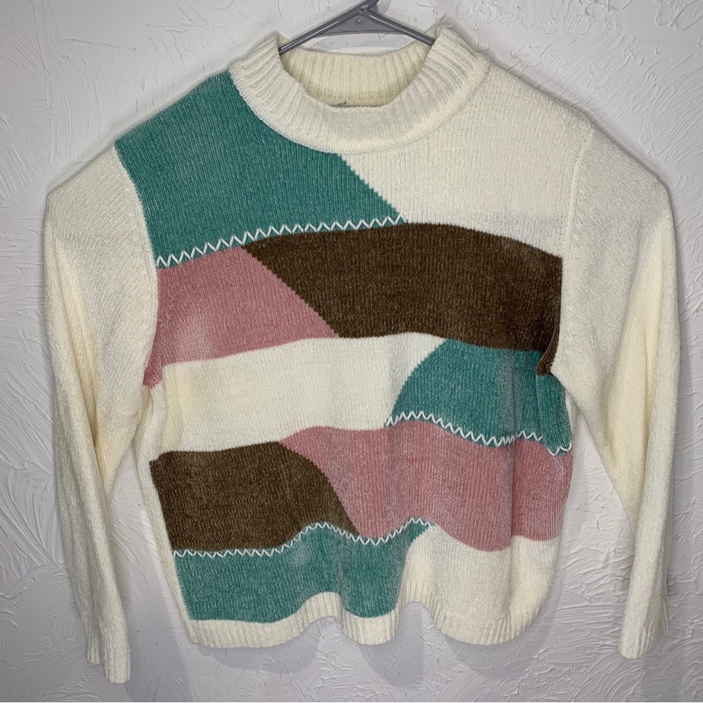 Alfred Dunner Womens Sweater XL White Blue Pink Colorblock Pullover